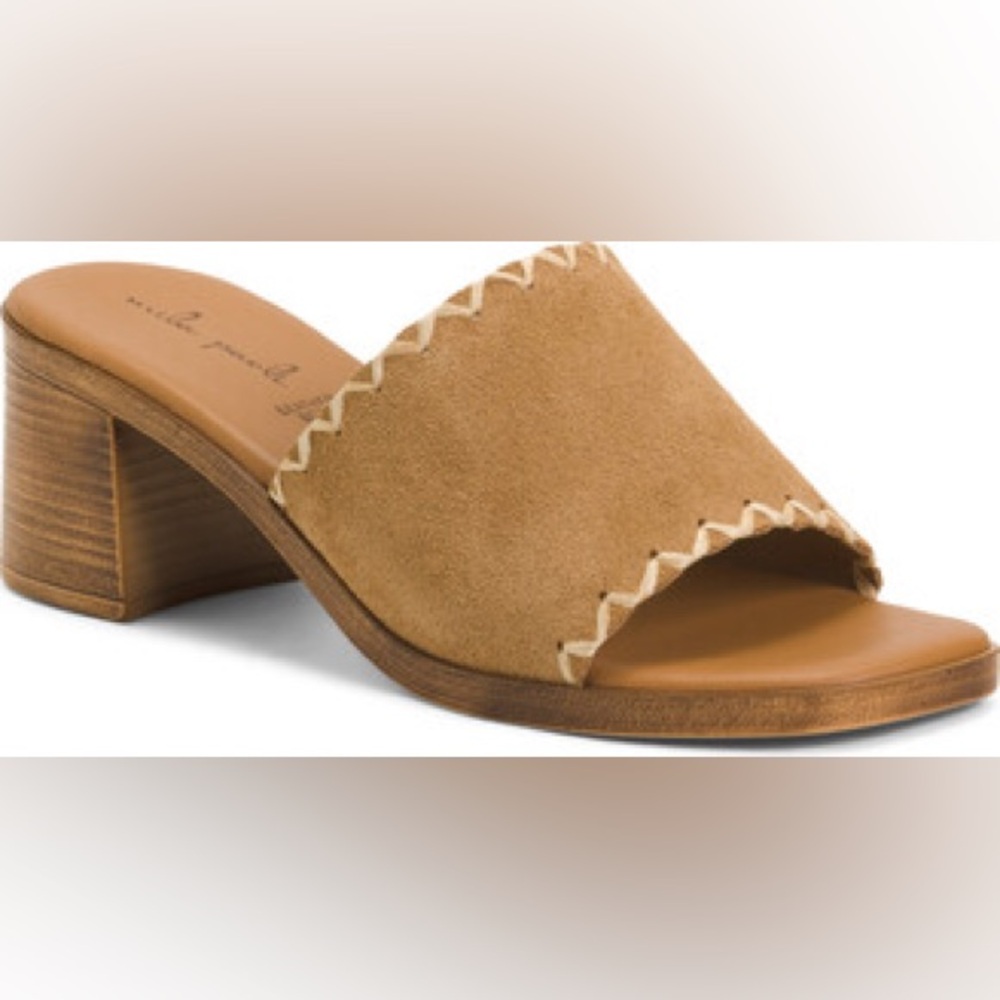 Mila Paoli Tan Suede Slide Mules with Cream Zigzag Trim